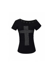 CTRL WORLD Rhinestone Cross Asymmetric Shoulder T-Shirt