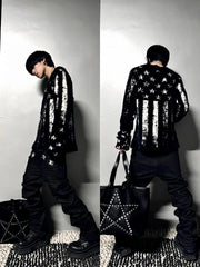 CTRL WORLD Distressed American Flag Fuzzy Knit Sweater
