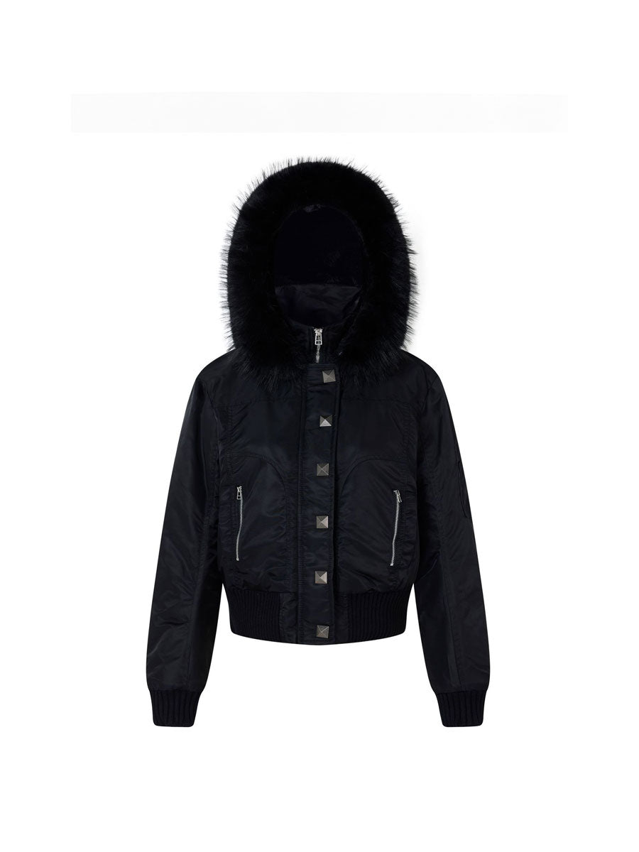 CTRL WORLD Gothic Studded Faux Fur Hooded Bomber Jacket