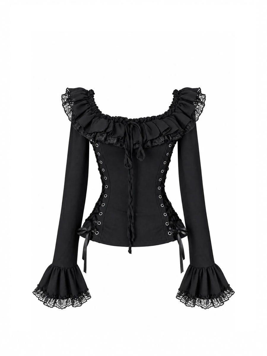 CTRL WORLD Midnight Gothic Lace Corset Top Black Ruffle Long Sleeve