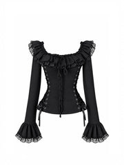 CTRL WORLD Midnight Gothic Lace Corset Top Black Ruffle Long Sleeve