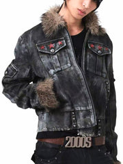 CTRL WORLD Vintage Distressed Fur Collar Rivet Jacket