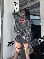 CTRL WORLD Vintage Distressed Fur Collar Rivet Jacket