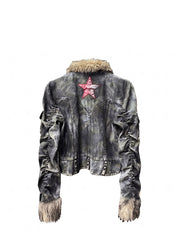 CTRL WORLD Vintage Distressed Fur Collar Rivet Jacket
