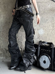 CTRL WORLD Waxed Leather-Patch Double Waist Strap Stacked Curve Pants