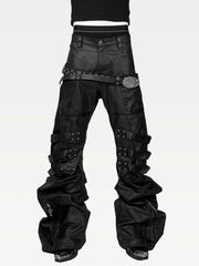CTRL WORLD Waxed Leather-Patch Double Waist Strap Stacked Curve Pants