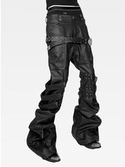 CTRL WORLD Waxed Leather-Patch Double Waist Strap Stacked Curve Pants