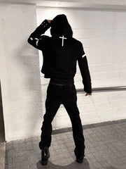 CTRL WORLD Cross Graphic Suede Shearling Hooded Short Sweatshirt