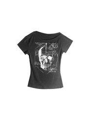 CTRL WORLD Eclipse Skull Graphic One-Shoulder T-Shirt