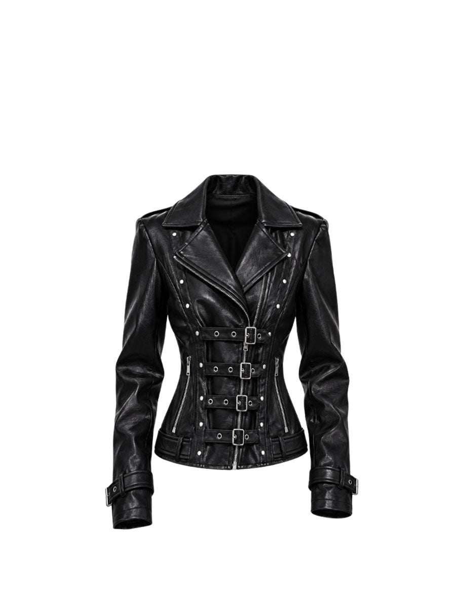 CTRL WORLD Multi-Strap Leather Moto Jacket