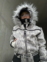 CTRL WORLD Cracked Leather Fur Hood Puffer Jacket