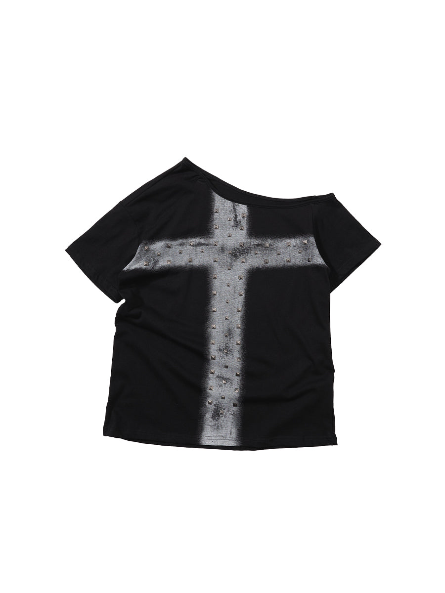 CTRL WORLD Bold Cross Studded Cropped T-Shirt