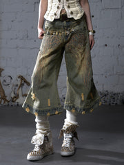 CTRL WORLD Vintage Wing Embroidery Wide-Leg Denim Jorts