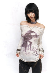 CTRL WORLD Artistic Print Long Sleeve Top with V-Neck Design