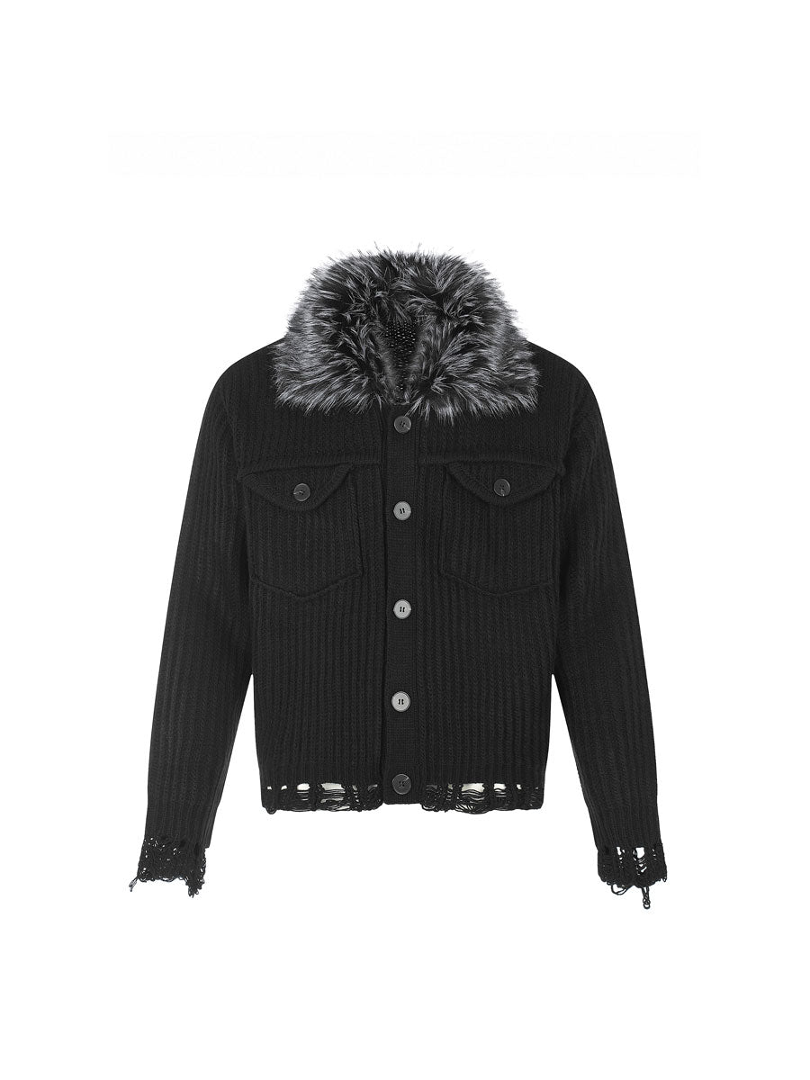 CTRL WORLD Gothic Distressed Knit Faux Fur Collar Jacket