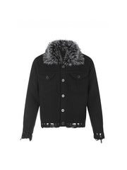 CTRL WORLD Gothic Distressed Knit Faux Fur Collar Jacket