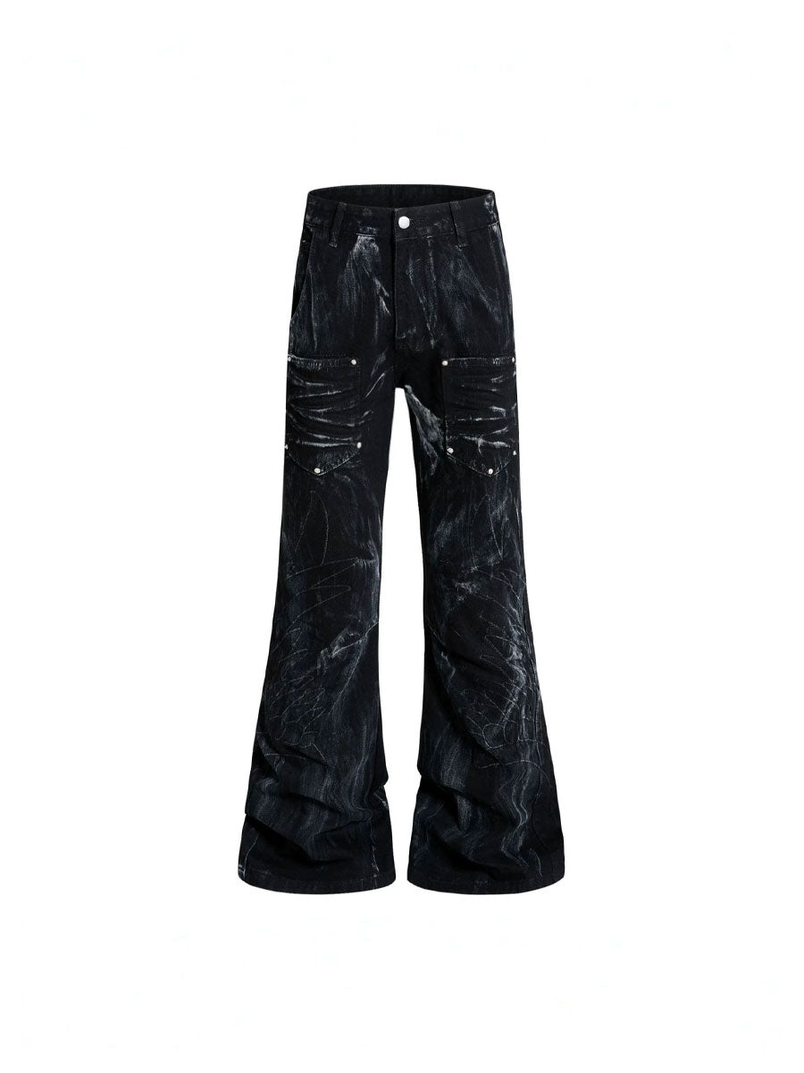 CTRL WORLD Angel Wing Washed Distressed Rivet Wide Leg Jeans