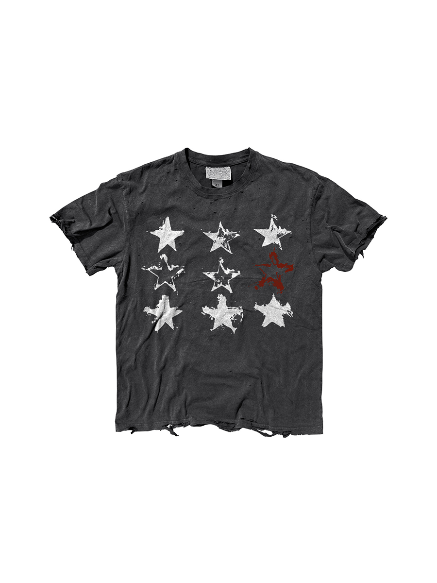 CTRL WORLD Vintage Distressed Nine-Star Graphic T-Shirt
