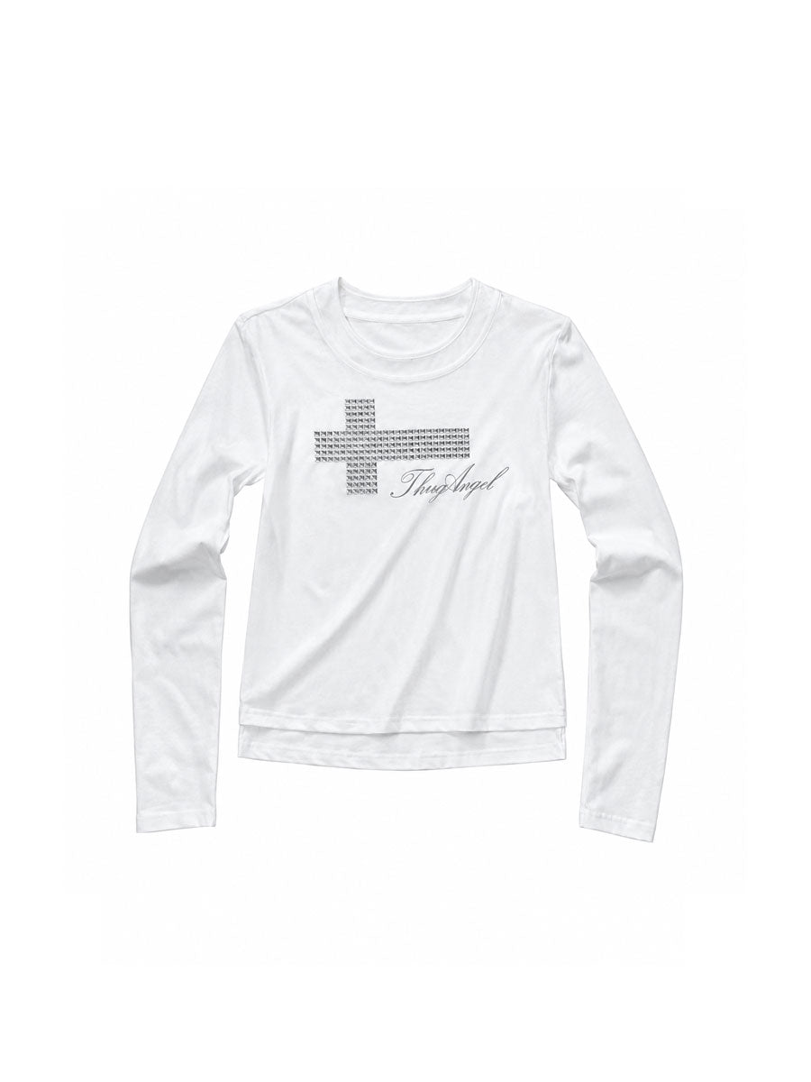 CTRL WORLD Seraph Cross Rhinestone Long Sleeve Crop Top