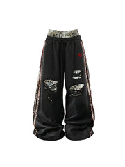 CTRL WORLD Black Distressed Sweatpants with Leopard Print Detail