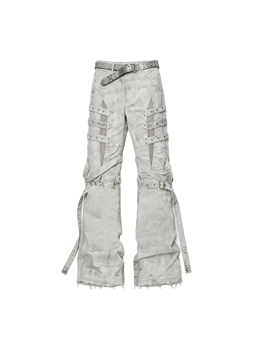 CTRL WORLD Venom Strap Distressed Flared Cargo Jeans