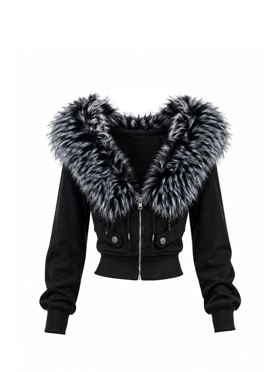 CTRL WORLD Gothic Faux Fur Hood Cropped Zip-Up Hoodie