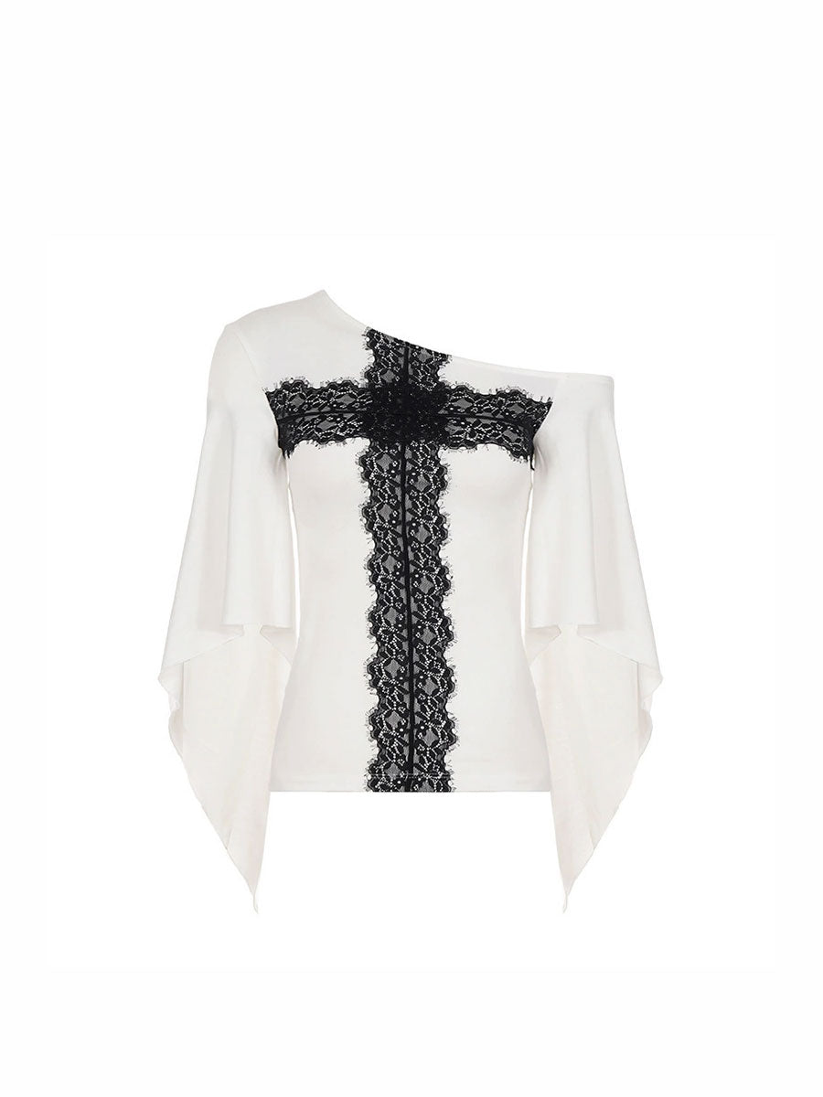 CTRL WORLD Gothic Lace Cross Draped Sleeve Top