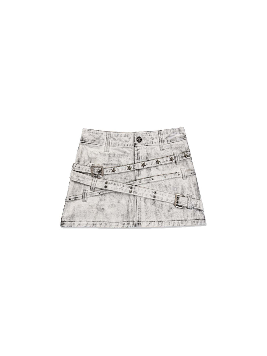 CTRL WORLD Distressed Denim Skirt with Star Studs and Pickle Logo