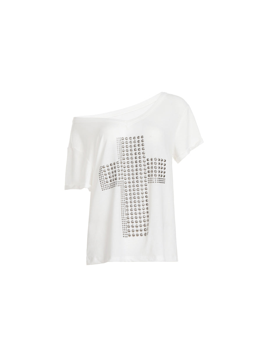CTRL WORLD Riot Saint Slouch Off-Shoulder Studded Cross T-Shirt