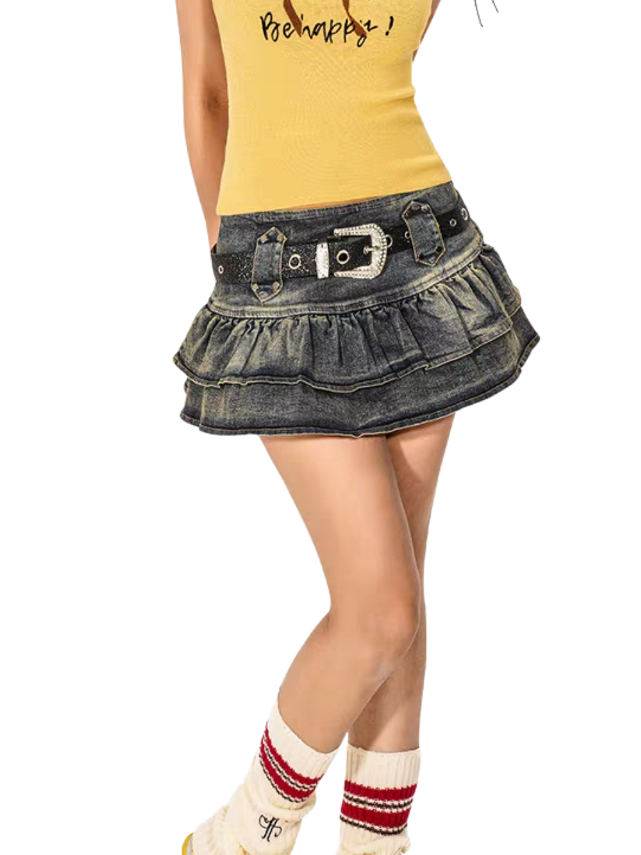 Vintage Wash Ruffled Denim Mini Skirt