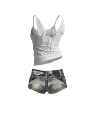 CTRL WORLD Winged Back Graphic Tank & Bat Wing Denim Shorts Set