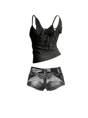 CTRL WORLD Winged Back Graphic Tank & Bat Wing Denim Shorts Set