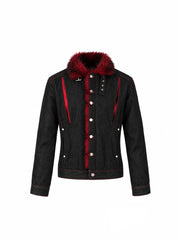 CTRL WORLD Crimson Reaper Faux Fur Collar Distressed Black Denim Jacket