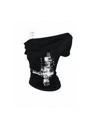 CTRL WORLD Glitch Cross Asymmetric Off-Shoulder Top