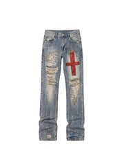 CTRL WORLD Crimson Cross Distressed Rivet Jeans
