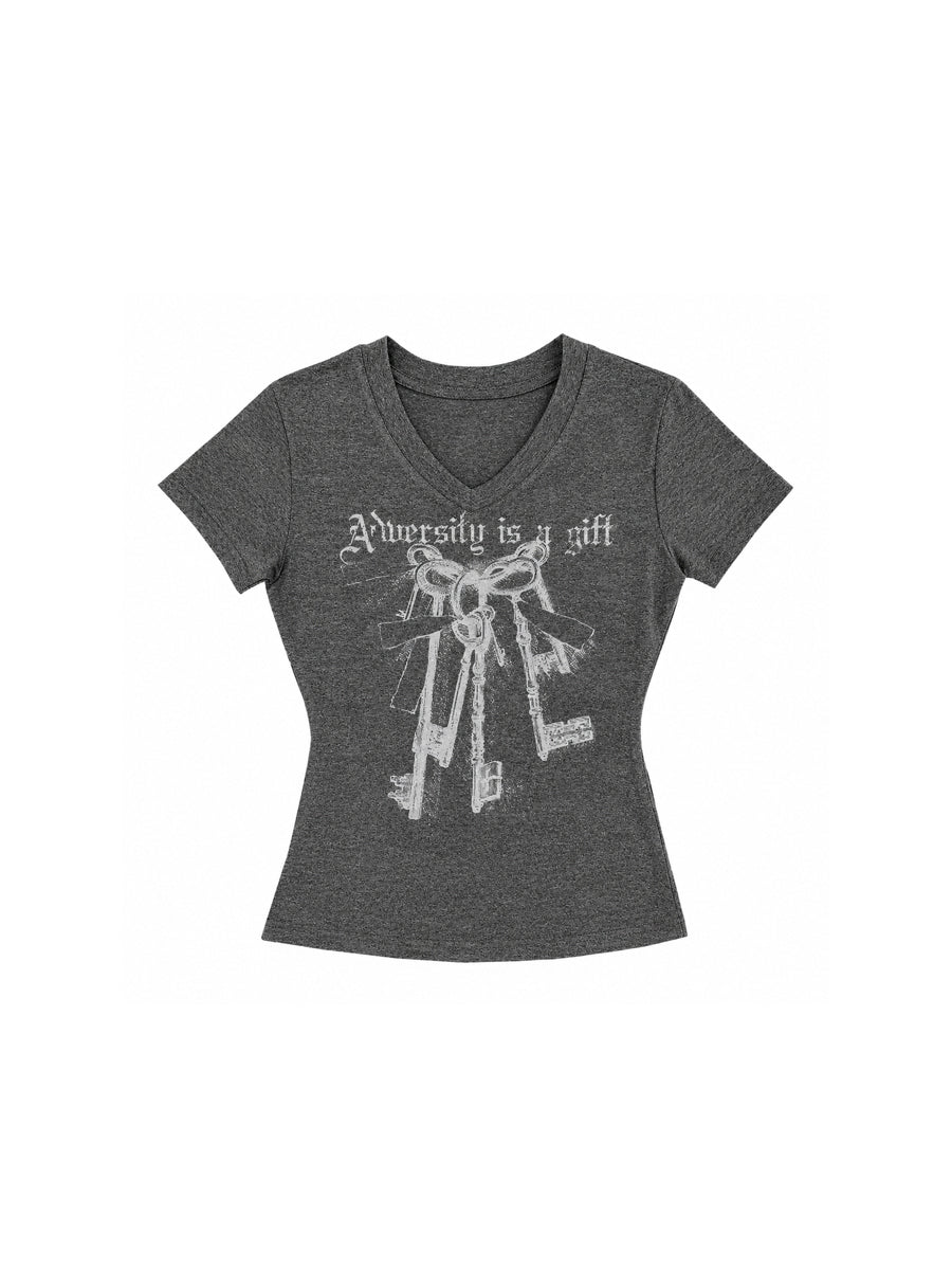 CTRL WORLD Gothic Key Graphic V-Neck Baby Tee