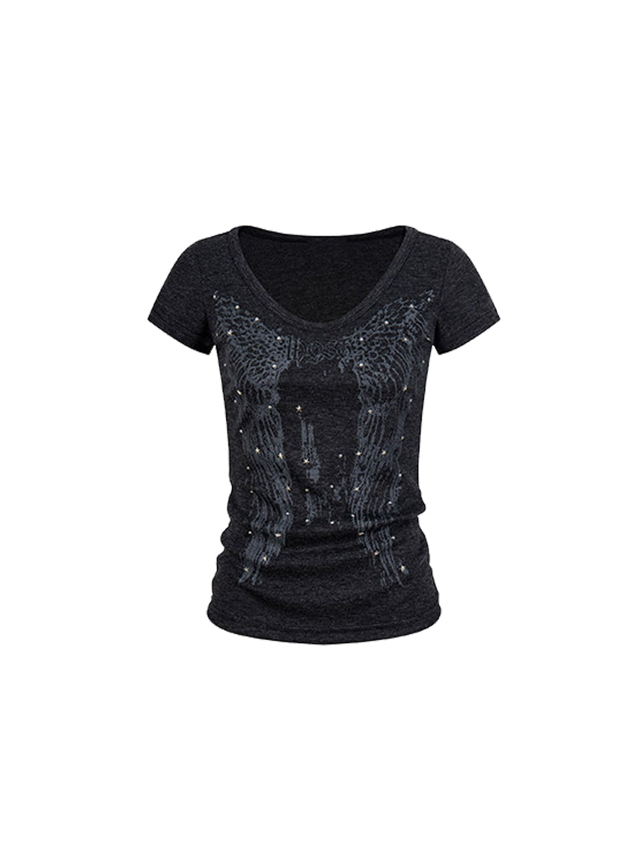 CTRL WORLD Dark Angel Rhinestone V-Neck T-Shirt