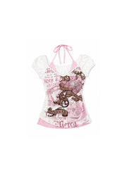 CTRL WORLD Celestial Script Layered Halter Short Sleeve Top