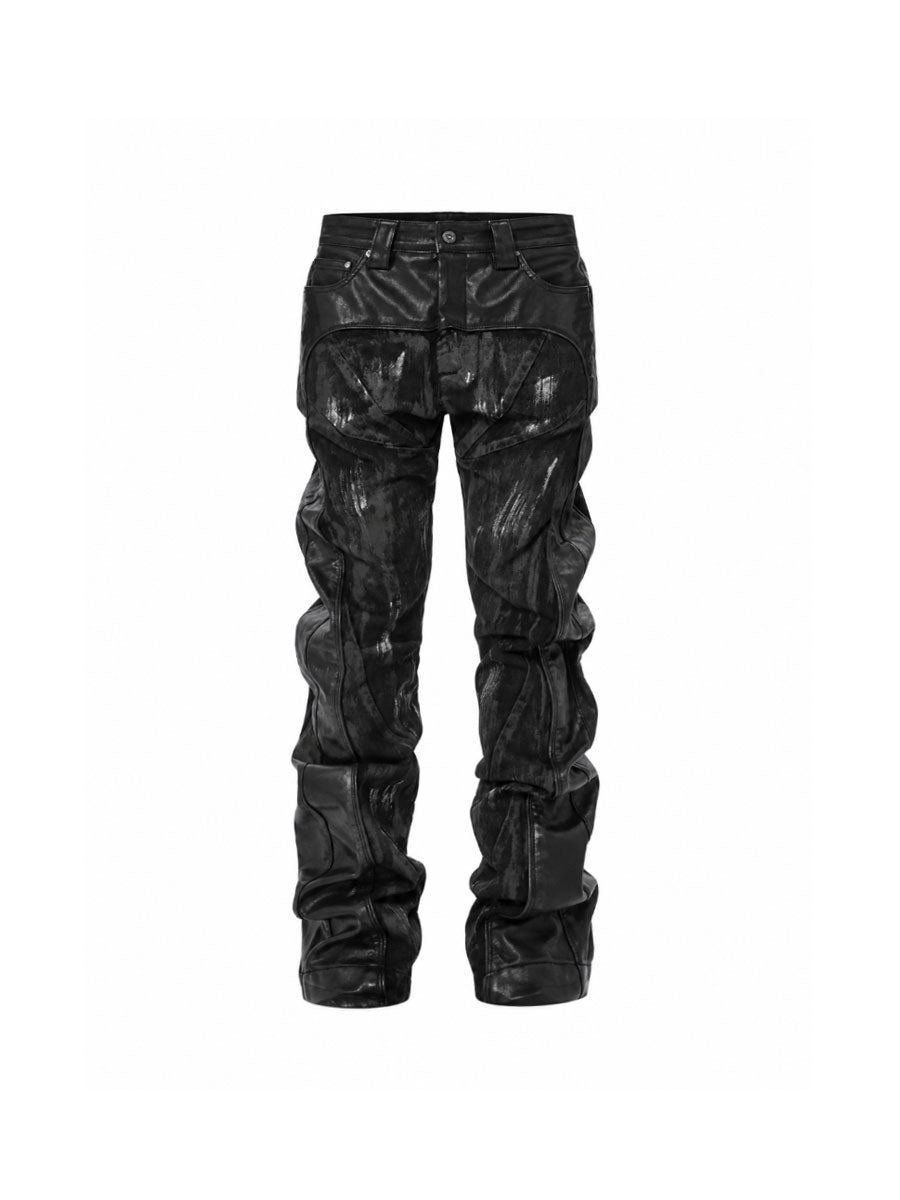 CTRL WORLD Gothic Waxed Distressed Stacked Flare Jeans
