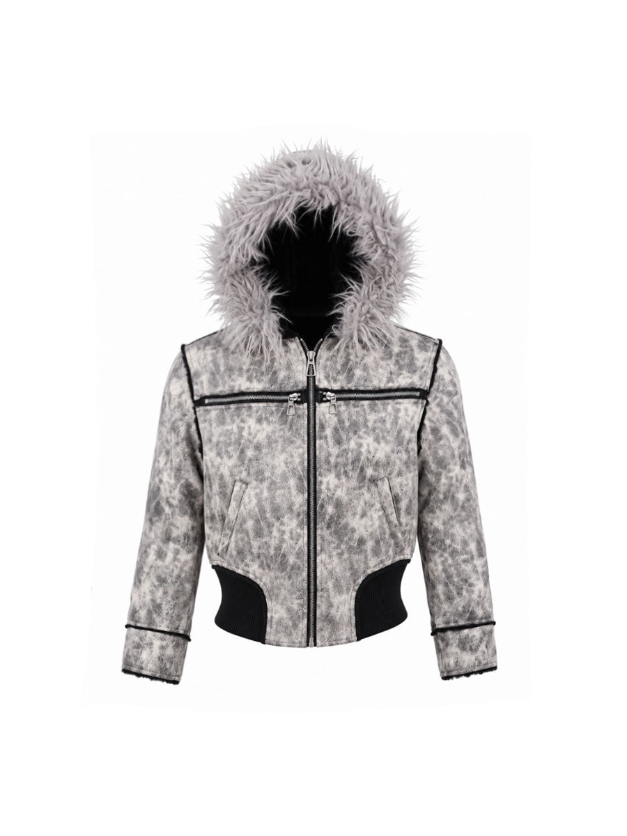 CTRL WORLD Cracked Leather Fur Hood Puffer Jacket