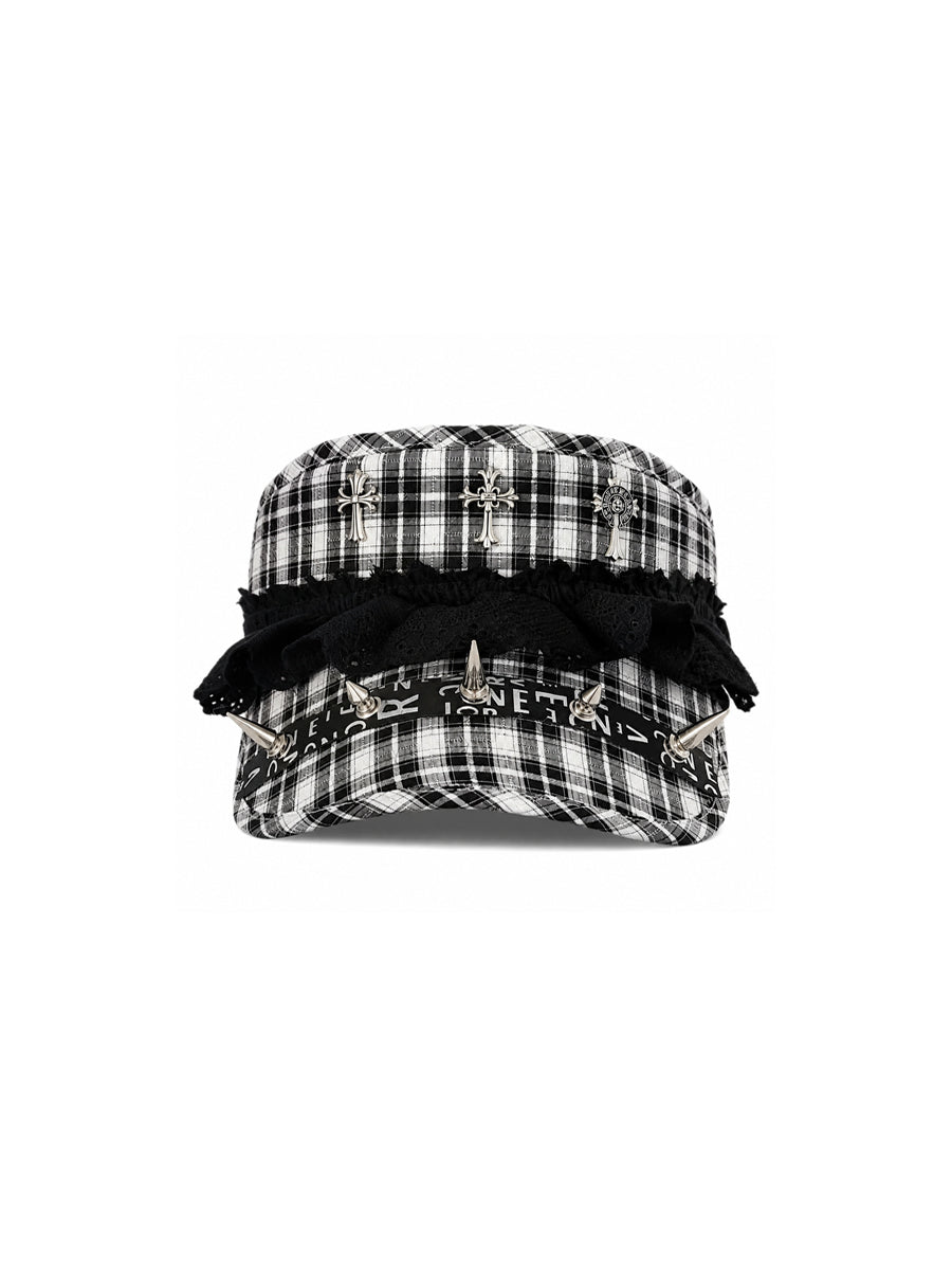 CTRL WORLD Black Plaid Cap with Cross and Spike Accents