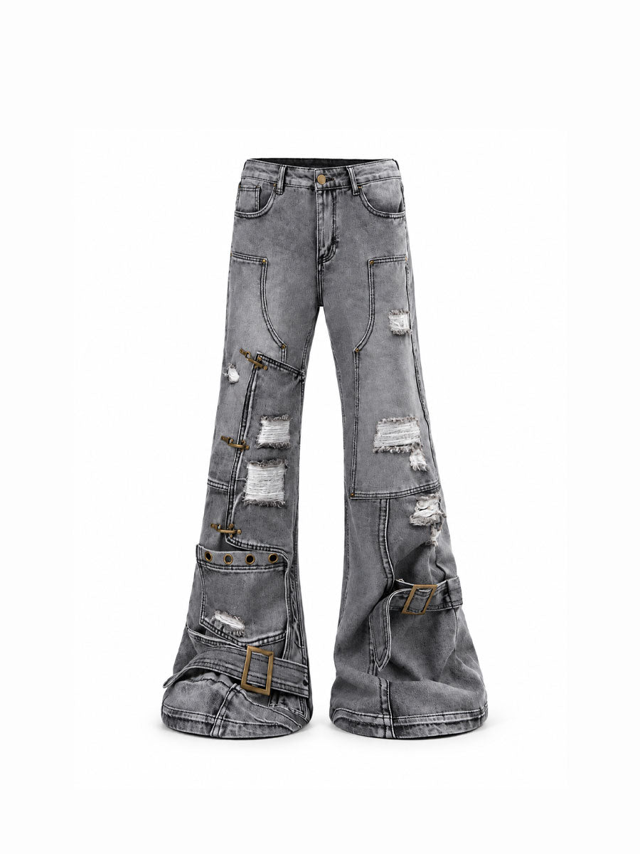 CTRL WORLD Industrial Distressed Multi-Buckle Flared Jeans