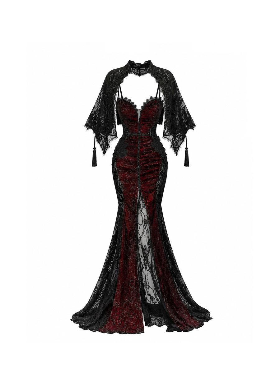 Crimson Phantom Gothic Halloween Lace Dress Set