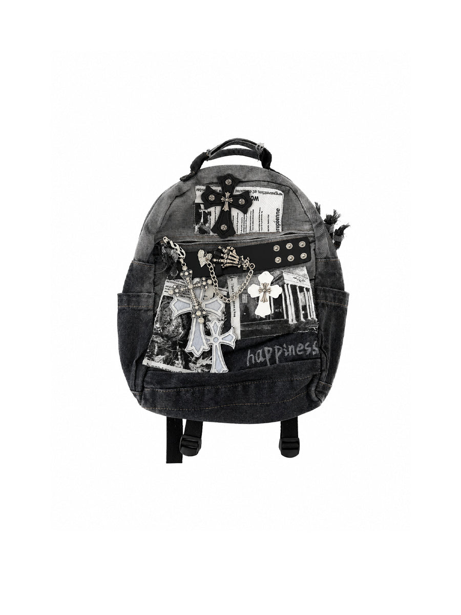 CTRL WORLD Cathedral Cross Patch Denim Backpack