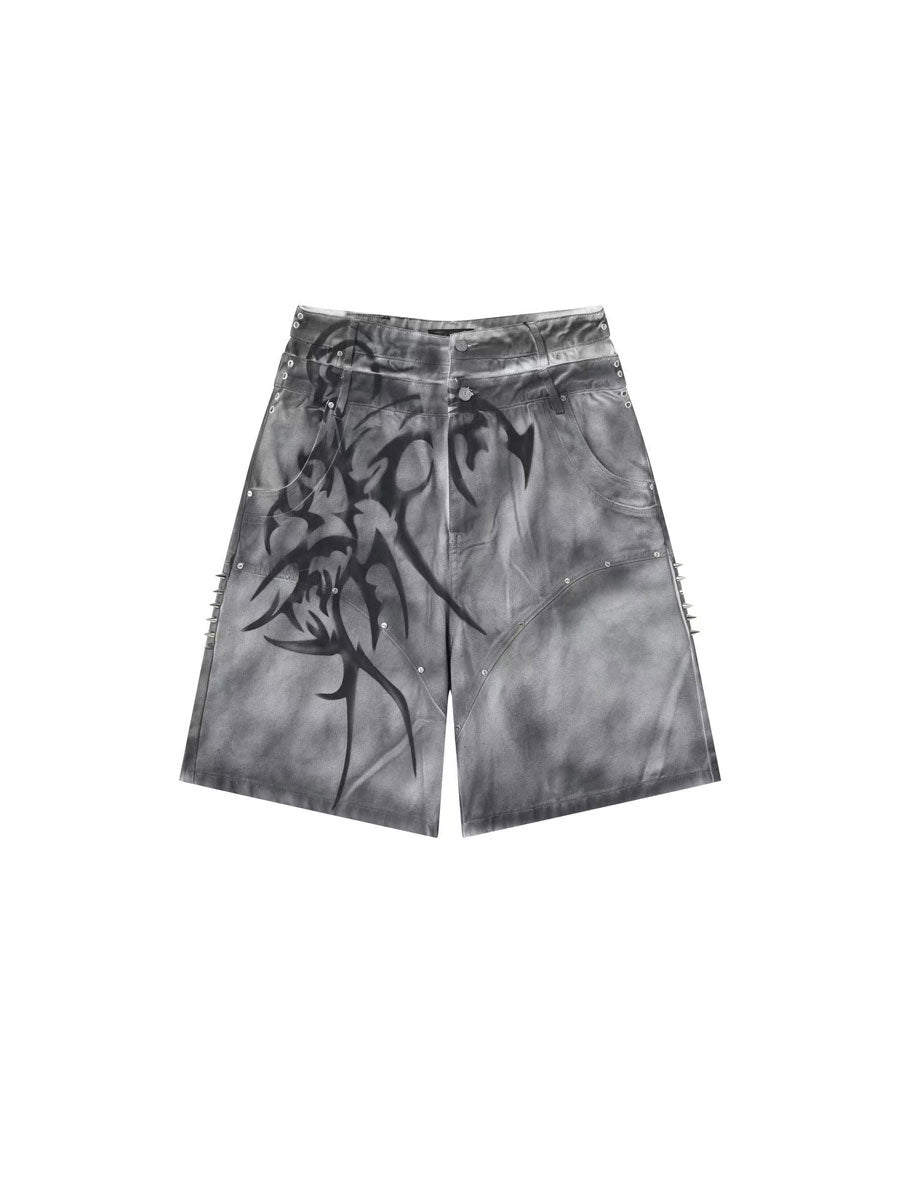 CTRL WORLD Shadow Flame Washed Cargo Denim Shorts