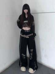 CTRL WORLD Black Distressed Sweatpants with Leopard Print Detail