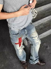 CTRL WORLD Crimson Cross Distressed Rivet Jeans
