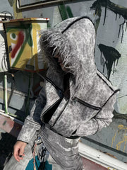 CTRL WORLD Cracked Leather Fur Hood Puffer Jacket