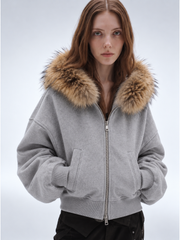 CTRL WORLD Ash Gray Faux Fur Hooded Cropped Zip-Up Hoodie